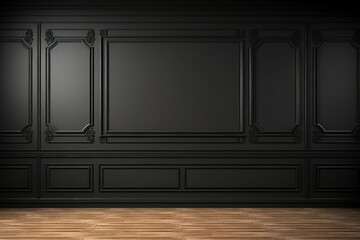Modern classic black empty interior with wall panels and wooden floor. 3d render illustration mock up. generative ai.