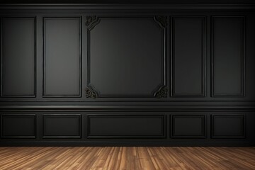 Modern classic black empty interior with wall panels and wooden floor. 3d render illustration mock up. generative ai. - obrazy, fototapety, plakaty