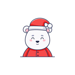 Christmas vector flat illustration in cartoon style with cute polar bear dressed in Santa Claus suit