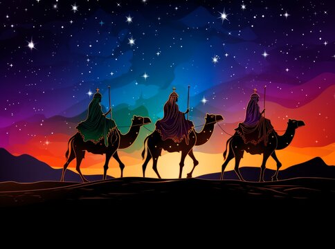 The Three Magi King of Orient, The Three Wise Men Illustration, Melchior, Caspar and Balthasar, Epiphany Celebration, christmas card wallpaper banner