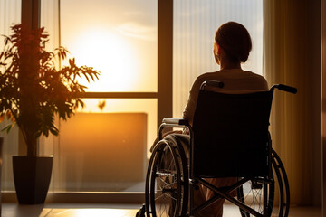rear view of Woman in wheelchair in front of open window in her apartment watching sunset, aesthetic look - obrazy, fototapety, plakaty