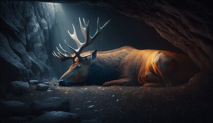 Elk herd animal sleep cave pictures AI Generated Photo - obrazy, fototapety, plakaty
