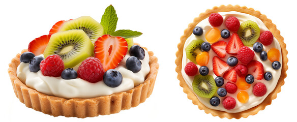 Fruit tart bundle with a buttery crust and pastry cream isolated on white background, food collection