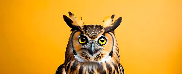 Fototapeten Funny owl with curious expression on yellow background. Banner format © Creative mind