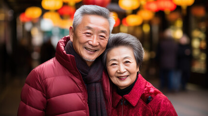 Old couple with Chinese traditional clothing, celebrating Chinese new year