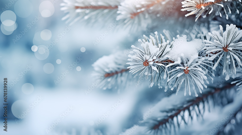 Wall mural winter background with pine branches with pine cones in a snowy forest, christmas tree. new year hea