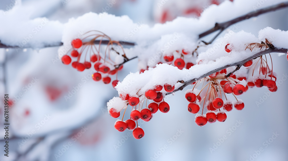 Sticker winter background with snowy branches with red berries of rowan, viburnum. new year image with copy 