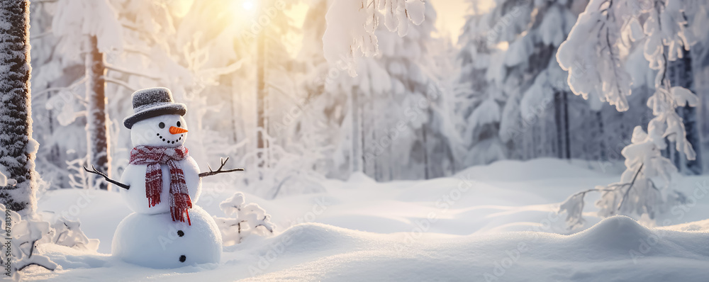 Wall mural winter background with a snowman in a winter snowy forest. new year header for a website with copy s