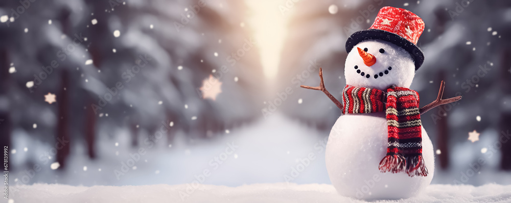 Sticker winter background with a snowman in a winter snowy forest. new year header for a website with copy s
