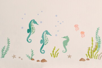 Watercolors of Seahorses, Seaweed on White Background