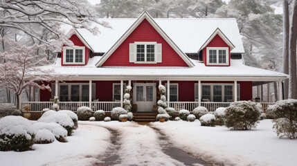 Red house covered with snow in the winter forest. Landscape.