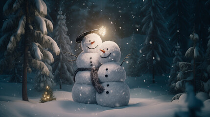Obraz premium Hugging snowmen. Snowmen in love in the forest. Happy New Year and Merry Christmas. Fairytale relationships