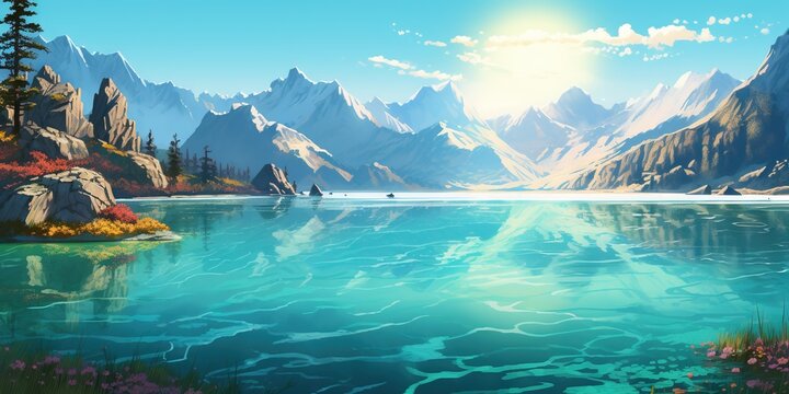 Enchanting Alpine Oasis  Majestic Lake of Turquoise Waters  Sun Kissed Peaks, Generative AI