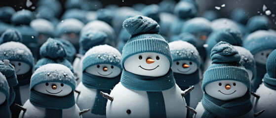 Funny snowman in blue hat and scarf. Winter concept.