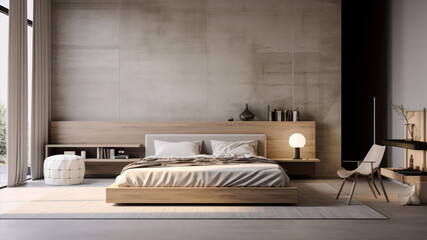Modern bedroom interior design with wooden walls and floor