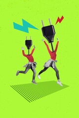 Conceptual collage photo of two headless characters have fun engineers electricity adapters...