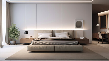Modern bedroom interior with white walls, concrete floor, master bed with beige linens and wooden wardrobe. 3d rendering