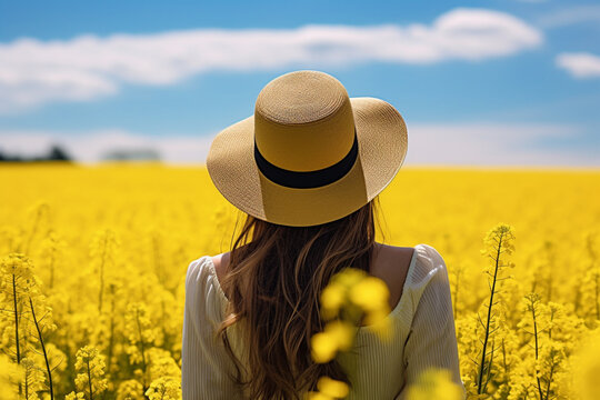 rear view of woman with summer hat in a field of yellow rapeseed flowers, aesthetic look