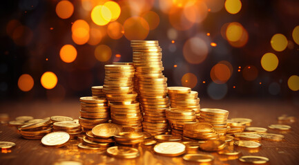 Sparkling new golden coins stacks on bright light glowing bokeh background, business finance wealth and success concept.