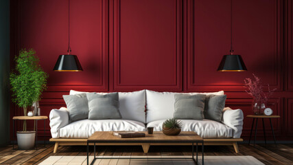 interior with red wall, 3d render illustration mock-up
