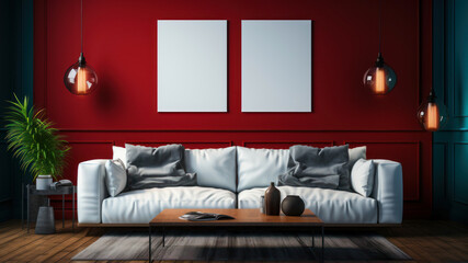 Red living room interior with a sofa, a coffee table and two posters. 3d rendering mock up