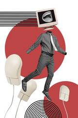 Poster creative of weird strange faceless man goin watching false information propaganda isolated...