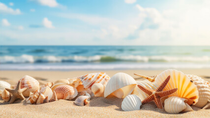 Fototapeta na wymiar Seashells and starfish on the sandy beach with sea background