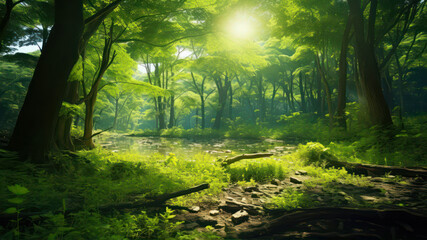 Beautiful green forest with sun rays in the morning. Nature background
