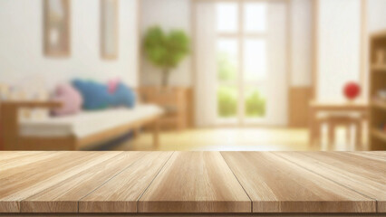 Empty wooden table top on blur child's room background, Mockup banner for display of advertise product