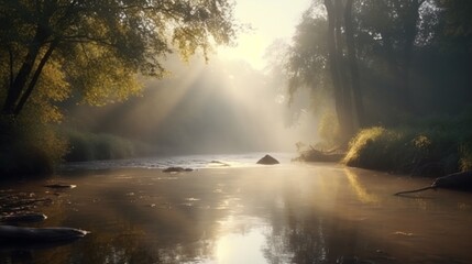 Fairy dawn river with morning light soft lighting Ai generated art
