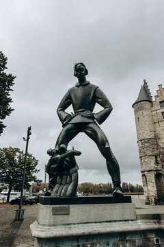 Antwerp, Belgium - October 22, 2023:  Lange Wapper statue in front of Het Steen in Antwerp.