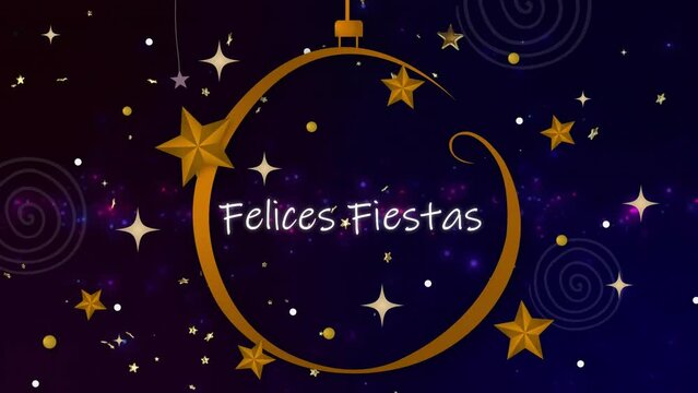 Animation of felices fiestas text and snow falling over blue background