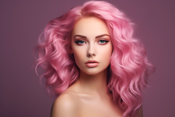 Naklejka premium Beautiful young woman with pink hair. Perfect makeup. Fashion photo. curly hair. pink curly hair. Beauty, fashion.
