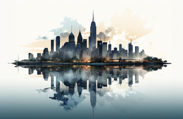 Illustration watercolour style of skyscrapers downtown city skyline reflecting in water. City life, business, growth and development concept - 678142916