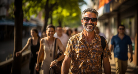 Fototapeta premium Cheerful middle-aged man with sunglasses and patterned shirt, carrying bag over his shoulder, having wide, happy smile on his face walking down a sunny street with a group of people on background 