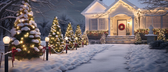 Winter landscape with Christmas trees, garlands and lanterns in front of the house.