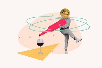 Collage image of carefree positive anonym person disco ball mask pouring red wine from bottle in...