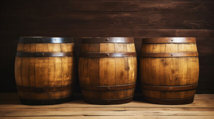 Three wooden barrels on wooden background in cellar of vinery. Generative AI