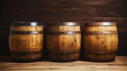 Washable wall murals Vineyard Three wooden barrels on wooden background in cellar of vinery. Generative AI