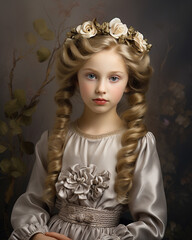 Portrait of a beautiful little girl with wreath of flowers. girl with blond curly hair and flowers in her hair. vintage style photo. Retro style.