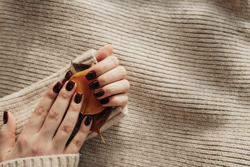 Stylish trendy brown women's nails. Autumn manicure concept.