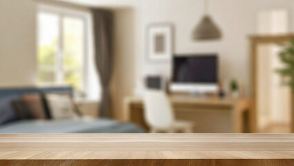 Empty wooden table top on blur teenager's room background, Mockup banner for display of advertise product
