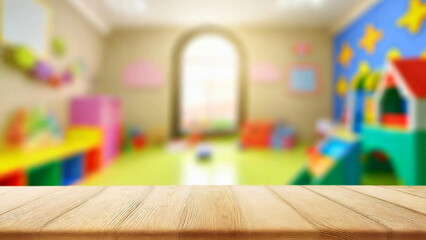 Empty wooden table top on blur kindergarten playroom background, Mockup banner for display of advertise product - obrazy, fototapety, plakaty