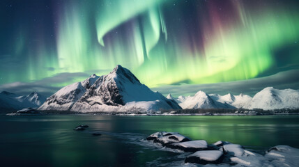 Northern Lights on the night sky. Aurora Borealis. Wintertime starry sky