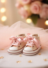 a pair of children's shoes against the background of the room, sneakers, childhood, gift, clothing store, outfit, baby, child, kindergarten, space for text, footwear, laces, pastel