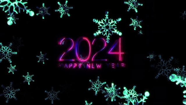 2024 Happy new year glow pink text with falling glow neon snowflake and flare light burst cinematic title background. Happy New Year 2024 shining text on pastel winter light.festive background concept