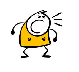 Fototapeta premium Very aggressive cartoon woman in dress clenched fists, opened mouth and screamed loudly. Vector illustration of female stickman in rage.