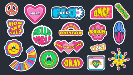 Colorful Set of 18 Retro Stickers in Y2K Style.