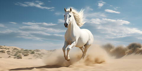 White horse run gallop in desert dust against blue sky A White Horse's Thrilling Run Across the Arid Desert, Painting the Sky in Shades of Blue AI Generative 
 