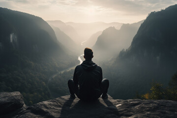 rear view of Young man in black sportswear is sitting on cliff's edge and looking to misty valley bellow, dark light photography - obrazy, fototapety, plakaty